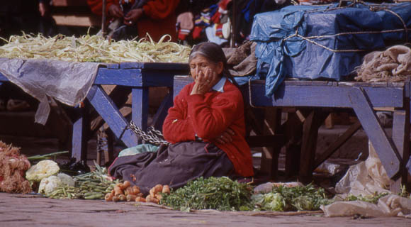 Marktfrau, die paar Zwiebeln und Mhren werden auf dem blanken Fuboden feilgeboten